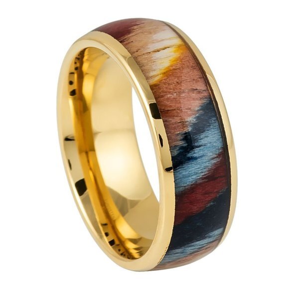 8mm Yellow Gold Plated Colorful Dyed Rosewood Inlay Tungsten Wedding Band Ring